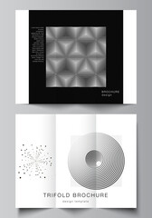 Vector layouts of covers templates for trifold brochure, flyer layout, book design, brochure cover, advertising. Black color technology background. Digital visualization for science, medical, tech.