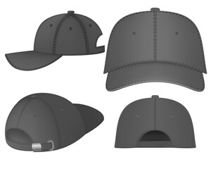 Vector baseball cap front and side view. Mockup isolated on transparent background. Uniform cap with front, back and right side view. Isolated vector illustrations set on white background.