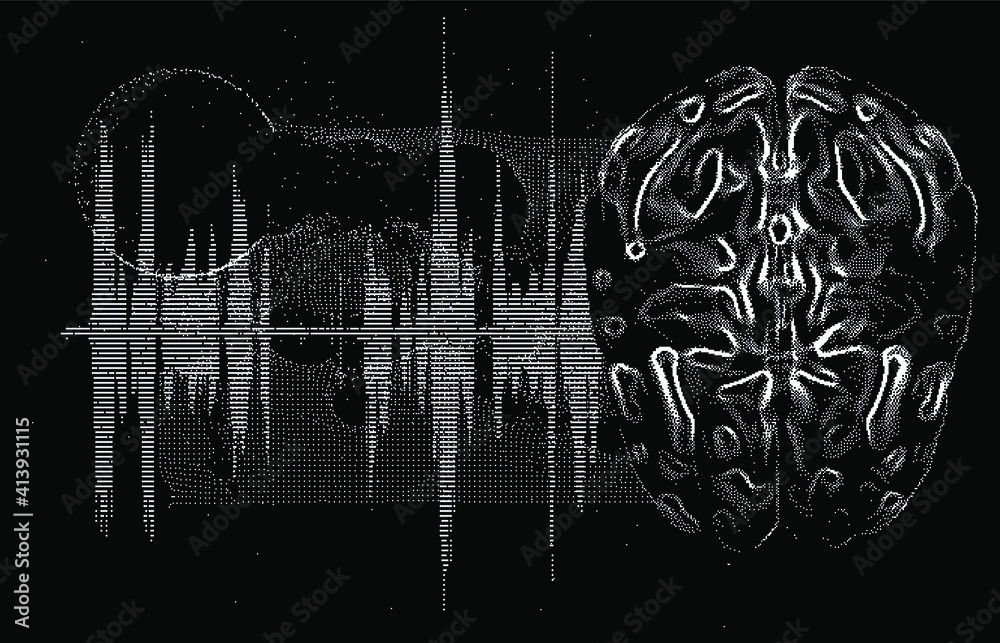 Poster 3D vector illustration of brain made of pixels and particles. Concept of neural network, neurology and neuroscience.