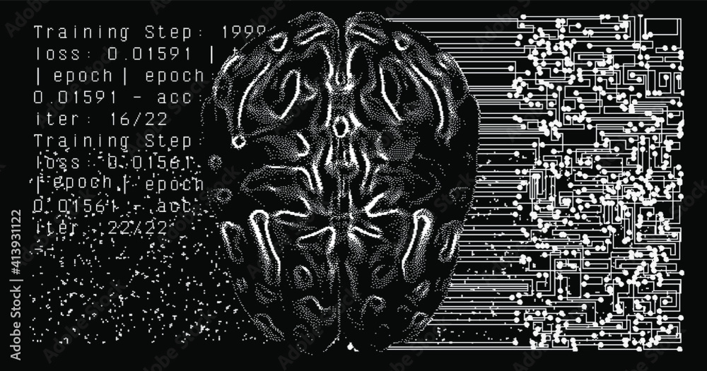 Poster Surreal futuristic composition with printed circuit board and brain on the dark background. Sci-fi vector illustration made in pixel art style.