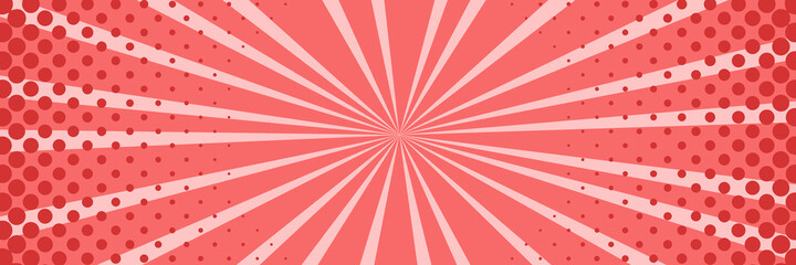 Fototapeta premium Vector background in comic book style with stripes and halftone. Retro pop art design. Long horizontal banner.