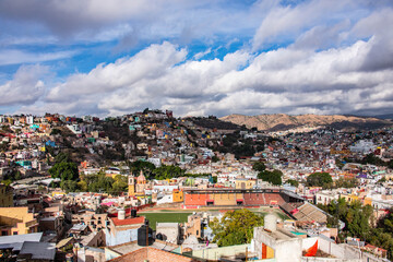 Fototapeta na wymiar Stunning view over Guanajuato City and baseball stadium, Guanajuato State, Mexico
