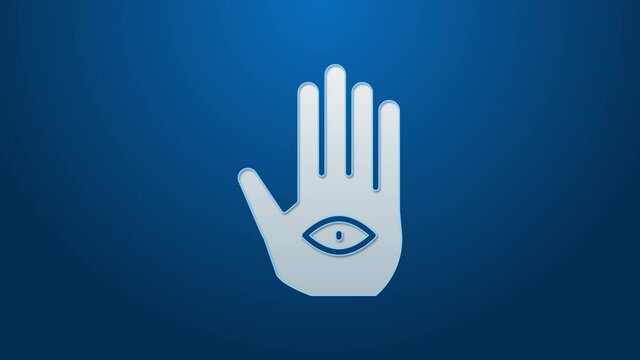 White line Hamsa hand icon isolated on blue background. Hand of Fatima - amulet, symbol of protection from devil eye. 4K Video motion graphic animation.