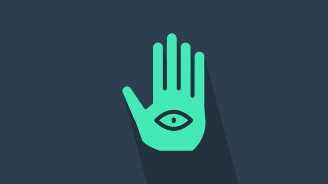 Turquoise Hamsa hand icon isolated on blue background. Hand of Fatima - amulet, symbol of protection from devil eye. 4K Video motion graphic animation.