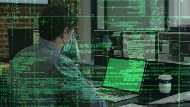 Digital composite video of data processing against caucasian man using laptop documents at office