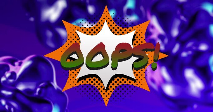 Animation of opps text in red to green letters in retro speech bubble over glowing purple background