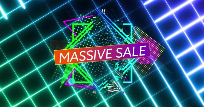 Animation of massive sale text in white letters over glowing neon geometric figures on neon mesh - Powered by Adobe