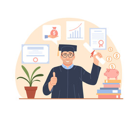 Tuition fees, grant loan concept. Investment in education. Flat graduate with diploma. Scholarship, educational fund, save money for college, university donate. Paid education cost vector illustration