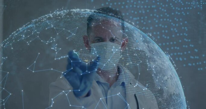 Animation of net of connections and globe with scientist holding covid-19 vaccine wearing face masks