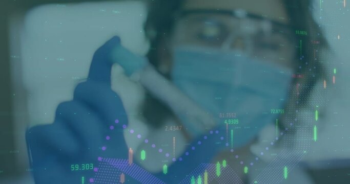 Animation of digital interface showing statistics with scientist holding covid-19 vaccine wearing fa