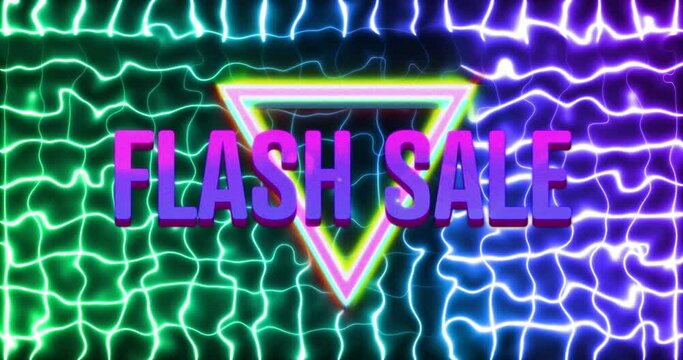 Animation of flash sale text in purple letters over neon triangles and blue to green glowing mesh