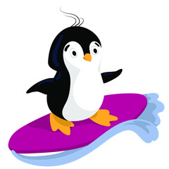 
A cute penguin is surfing. Summer rest. Vacation at sea. Print for T-shirts, sweatshirts, sweaters. 