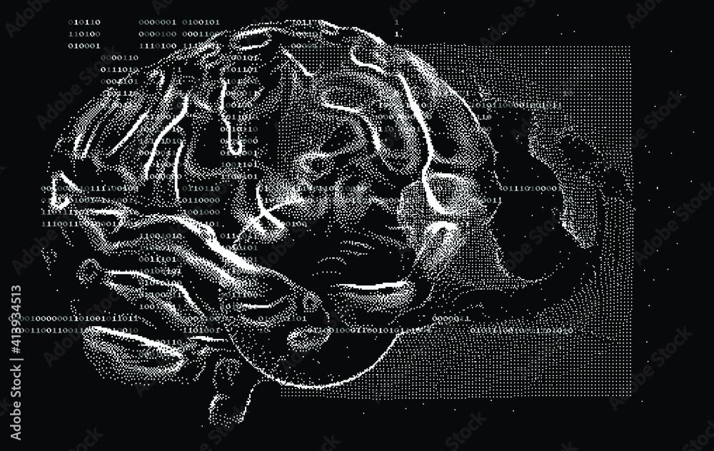 Poster 3D vector illustration of brain made of pixels and particles. Concept of neural network, neurology and neuroscience.