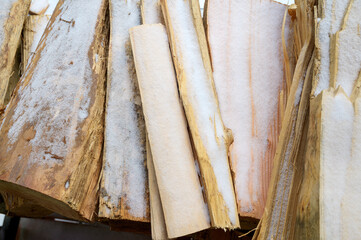 Snow covered firewood stacked on a patio in a forest cabin.  Whistler British Columbia, Canada