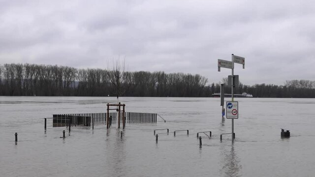 Road Signs Submerge In Flood With Forest In The Background In Waluf, Eltville, Germany. wide shot