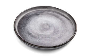 Empty gray ceramic plate isolated on white background. Side view, close up.