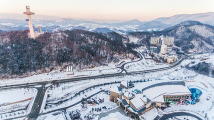 Alpencia, South Korea, 2016 - Olympic Village for the 2018 Winter Olympics. View from above. Winter.