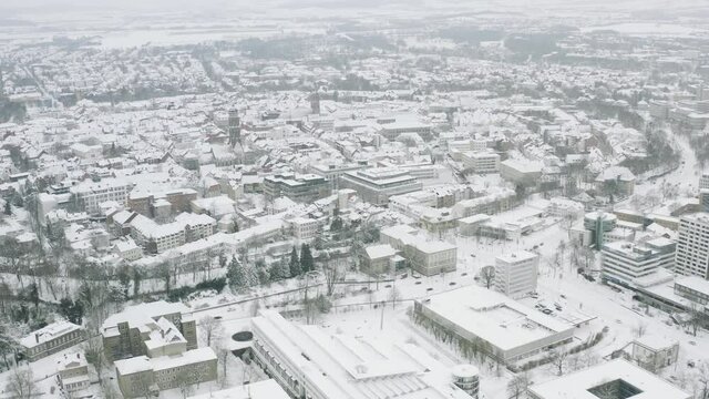 Drone Aerial of the university city G&ouml;ttingen after snow storm tristan in the winter of 2021. Gottingen is a typical german town in Lower Saxony in Germany, Europe.