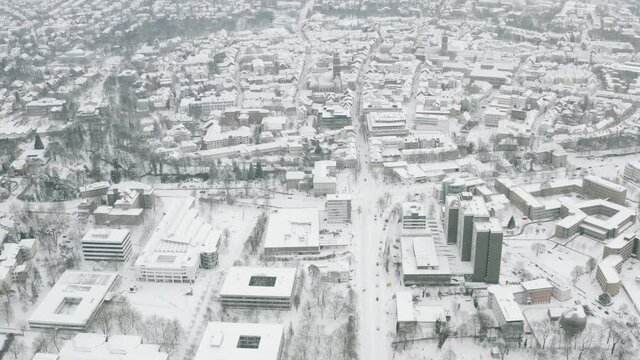 Drone Aerial of the university city G&ouml;ttingen after snow storm tristan in the winter of 2021. Gottingen is a typical german town in Lower Saxony in Germany, Europe.