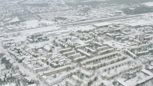 Drone Aerial of the university city G&ouml;ttingen after snow storm tristan in the winter of 2021. Gottingen is a typical german town in Lower Saxony in Germany, Europe.