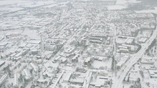 Drone Aerial of the university city G&ouml;ttingen after snow storm tristan in the winter of 2021. Gottingen is a typical german town in Lower Saxony in Germany, Europe.