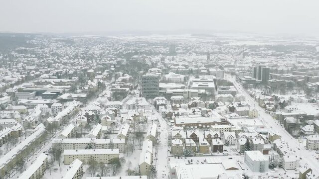 Drone Aerial of the university city G&ouml;ttingen after snow storm tristan in the winter of 2021. Gottingen is a typical german town in Lower Saxony in Germany, Europe.