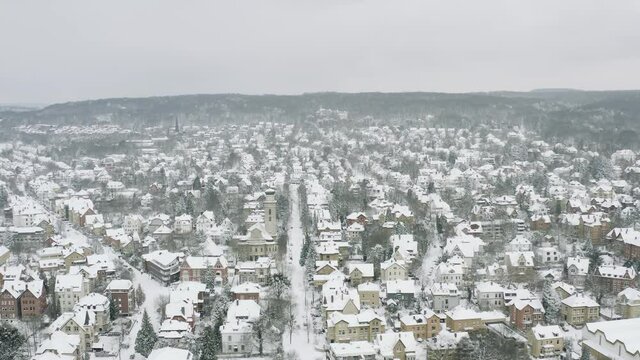 Drone Aerial of the university city G&ouml;ttingen after snow storm tristan in the winter of 2021. Gottingen is a typical german town in Lower Saxony in Germany, Europe.