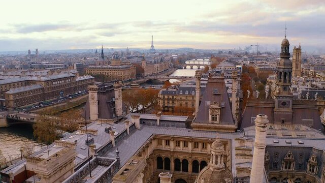Aerial drone flight over Paris, France Seine River