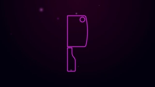 Glowing neon line Meat chopper icon isolated on black background. Kitchen knife for meat. Butcher knife. 4K Video motion graphic animation.
