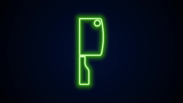 Glowing neon line Meat chopper icon isolated on black background. Kitchen knife for meat. Butcher knife. 4K Video motion graphic animation.