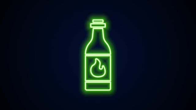 Glowing neon line Tabasco sauce icon isolated on black background. Chili cayenne spicy pepper sauce. 4K Video motion graphic animation.