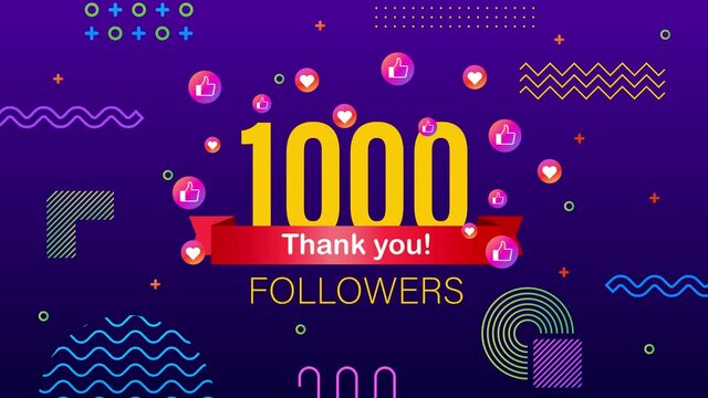 Thank you 1000 followers numbers. Congratulating multicolored thanks image for net friends likes. Motion graphics.
