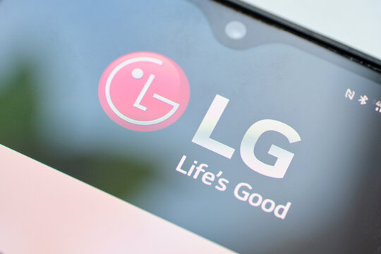 russia, st.petersburg, 14 February 2021 South Korean company logo LG on smartphone