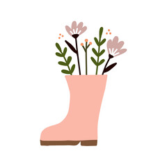 Hand drawn cute Spring flower bouquets in rubber rain boot garden shoes illustration