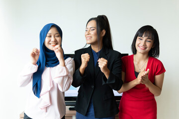 Home Office Concept, Group of diverse people standing and cheering up