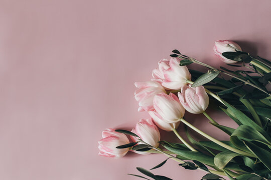 Natural styled stock photo. Feminine Easter, spring composition with bouquet of tulips and olive tree branches on pink table background. Floral frame, corner. Flat lay, top view. Picture for blog, web