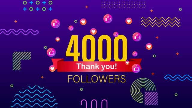 Thank you 4000 followers numbers. Congratulating multicolored thanks image for net friends likes. Motion graphics.