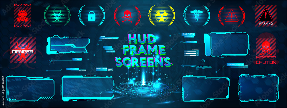 Poster GUI, HUD, UI futuristic frame screen, Callouts titles and Hologram digital info bars. UI Callout bar labels box. Info template Futuristic User Interface. Vector Sci-fi border frame GUI. Screens HUD