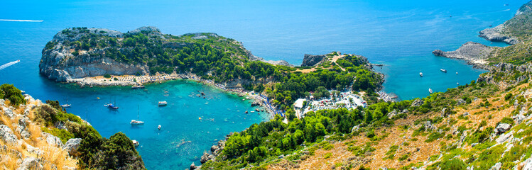 Aerial panoramic landscape of Anthony Quinn Bay in Rhodes island