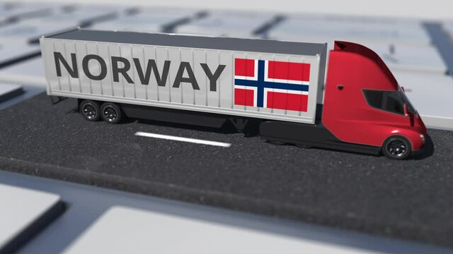 Flag of Norway on moving truck and computer keyboard. International shipping related looping 3d animation