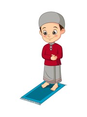 Cartoon Muslim boy praying on mat