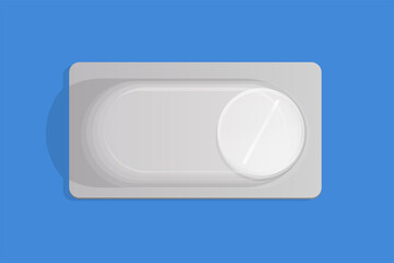 White pill in blister pack vector flat illustration isolated on blue background. Medical pill in packaging, medicament to treat illness, pain, or viruses. Painkiller, antibiotic and vitamin tablet.