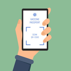 Vaccine passport vector flat illustration. Hand holding smartphone with mark of immunity from Coronavirus. Immunity passport for safe travel after global pandemic of Coronavirus outbreak.