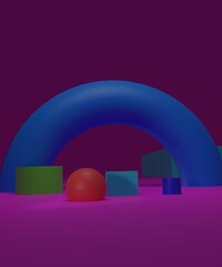 Background 3d blue yellow green orang-red rendering with podium and minimal scene, minimal abstract background 3d render abstract shape pastel color. Stage 3d render for pink background.