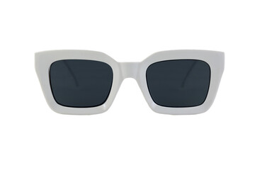 White colored bold square horn rimmed sunglasses with blue matte lenses and thick frames isolated...