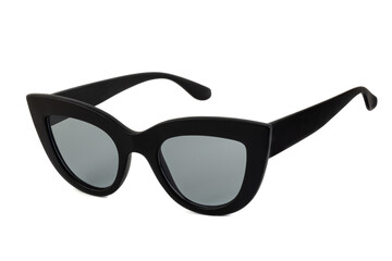 Black bold cat eye sunglasses with clear lenses and thick frames isolated on white background. Side view.