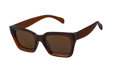 Brown colored bold square horn rimmed sunglasses with matte lenses and thick frames isolated on white background. Side view.