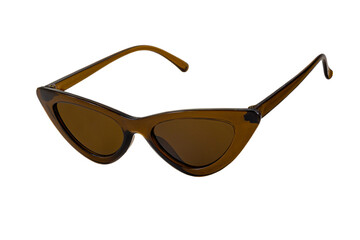 Brown bold triangular cat eye sunglasses with matte lenses and thick frames isolated on white...