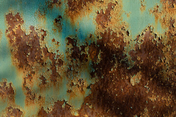 rusty iron wall from which paint has peeled off in places and rust has emerged