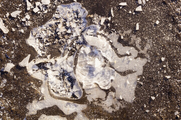 a puddle froze over the ground, and the top layer with an air bag was broken